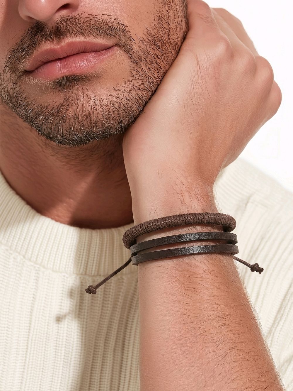 Men’s Brown Leather Wrap Bracelet Minimalist Multi Strand Adjustable Unisex Cuff
